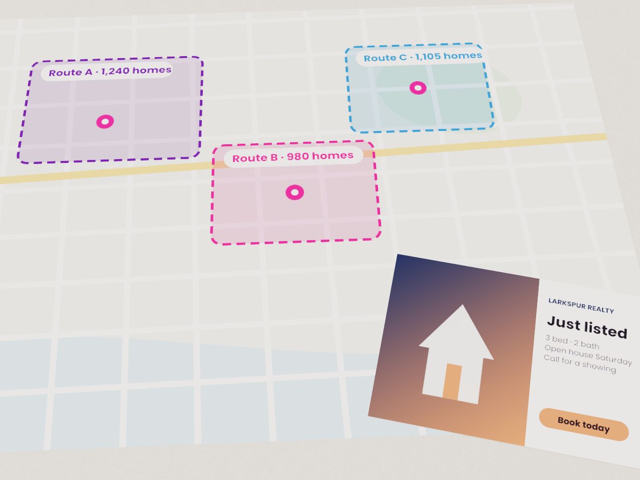 Map with targeted mail routes and a postcard